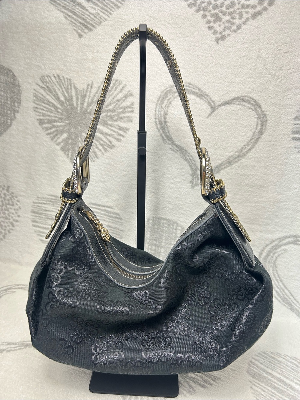 Kathy Van Zeeland Black studded shoulder Bag Y2K Silver Hardware